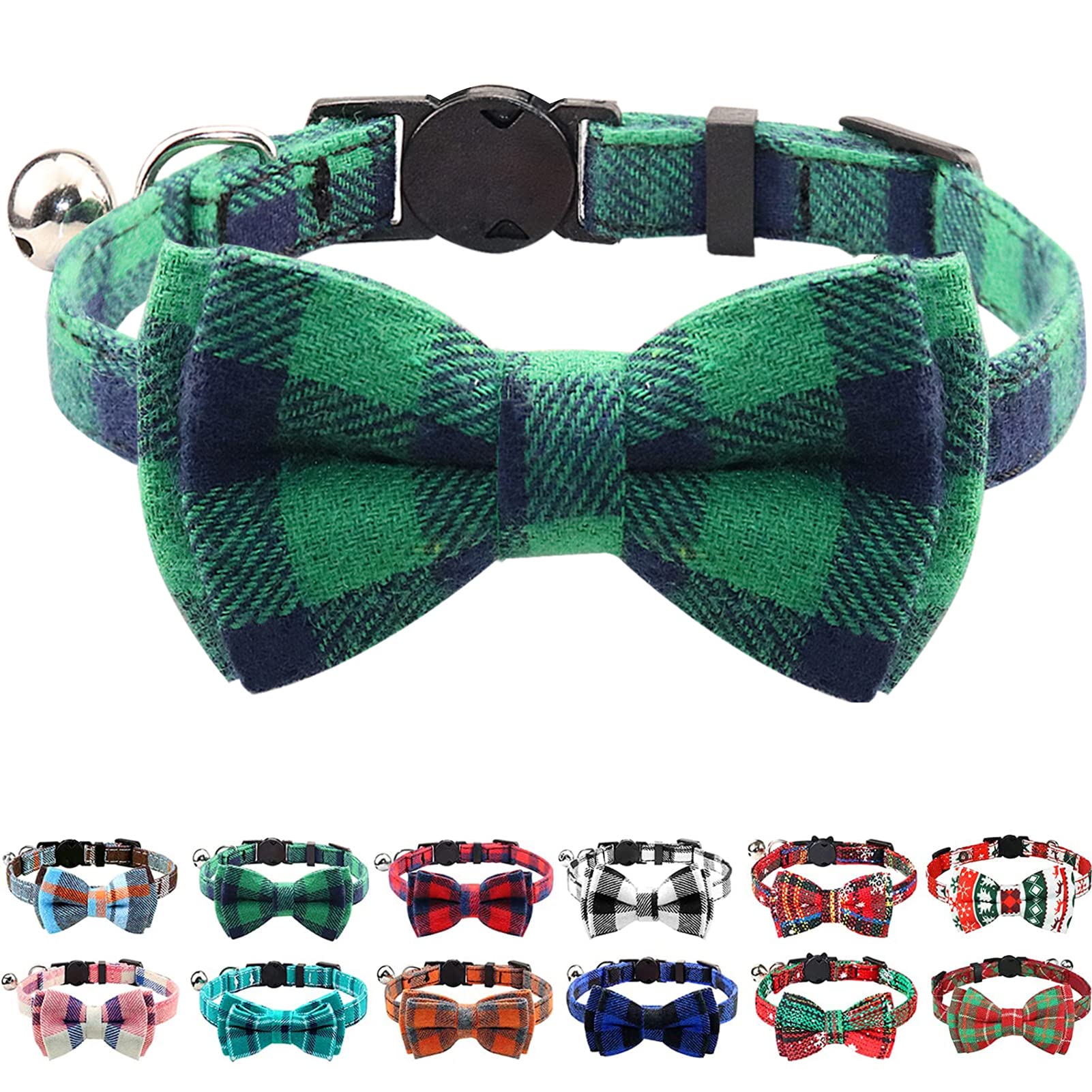 Joytale Upgraded Cat Collar bells green plaid closeup highlighting soft cotton fabric and audible bell.