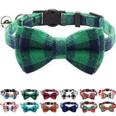 Joytale Upgraded Cat Collar bells green plaid closeup highlighting soft cotton fabric and audible bell.