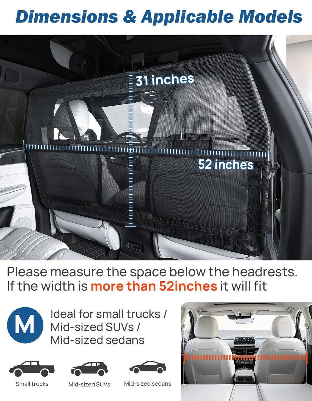 JOYTUTUS 52 x 31 inch barrier fits mid-sized sedans, SUVs, and small trucks.