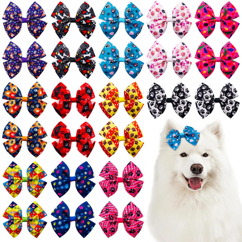 JpGdn big dog hair bow with paw-bone-red design adds festive flair during grooming