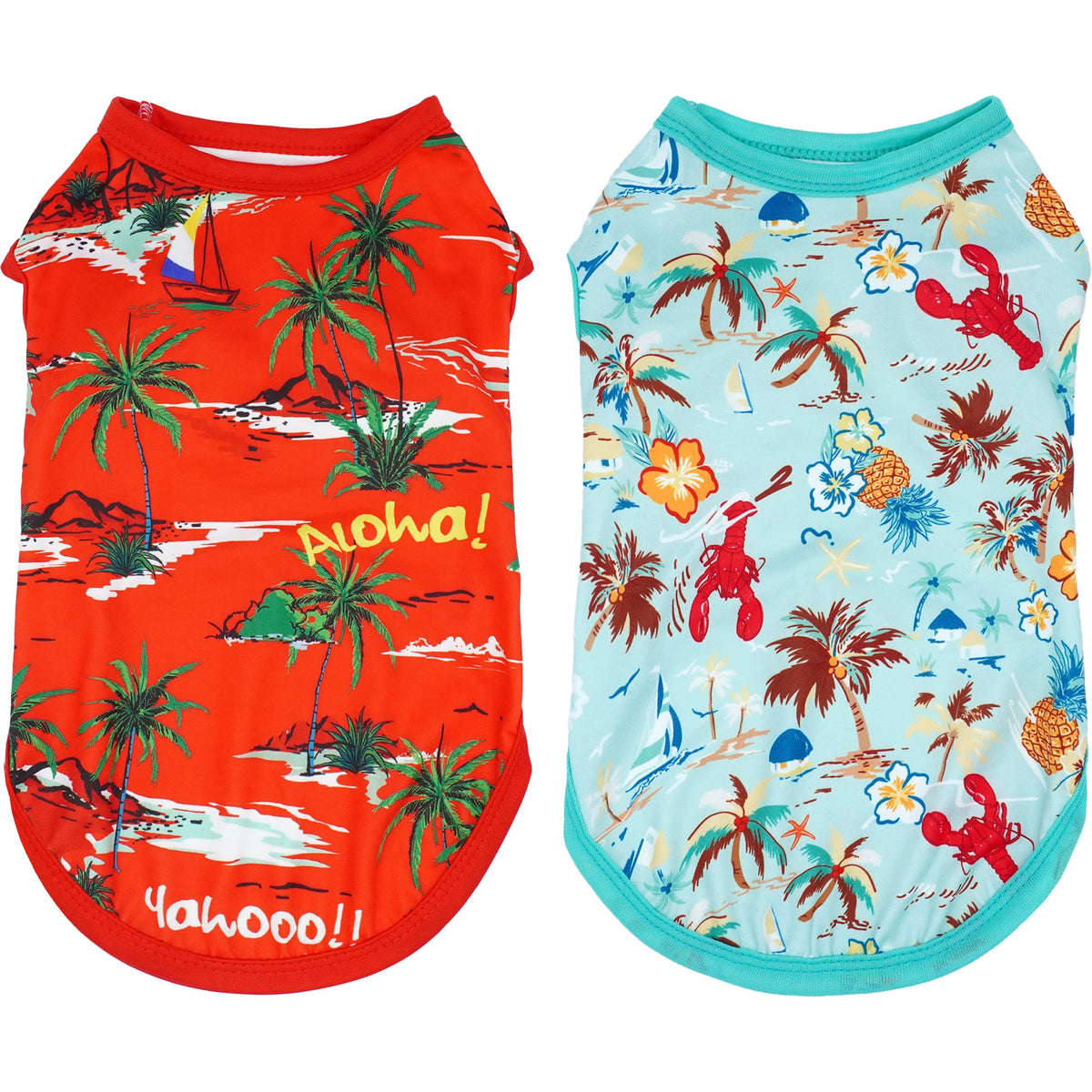 JpGdn Hawaiian dog shirt two-pack on model for sunny summer style