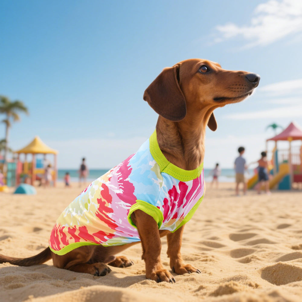 JpGdn pet fashion photoshoot tie-dye shirt in vibrant color.