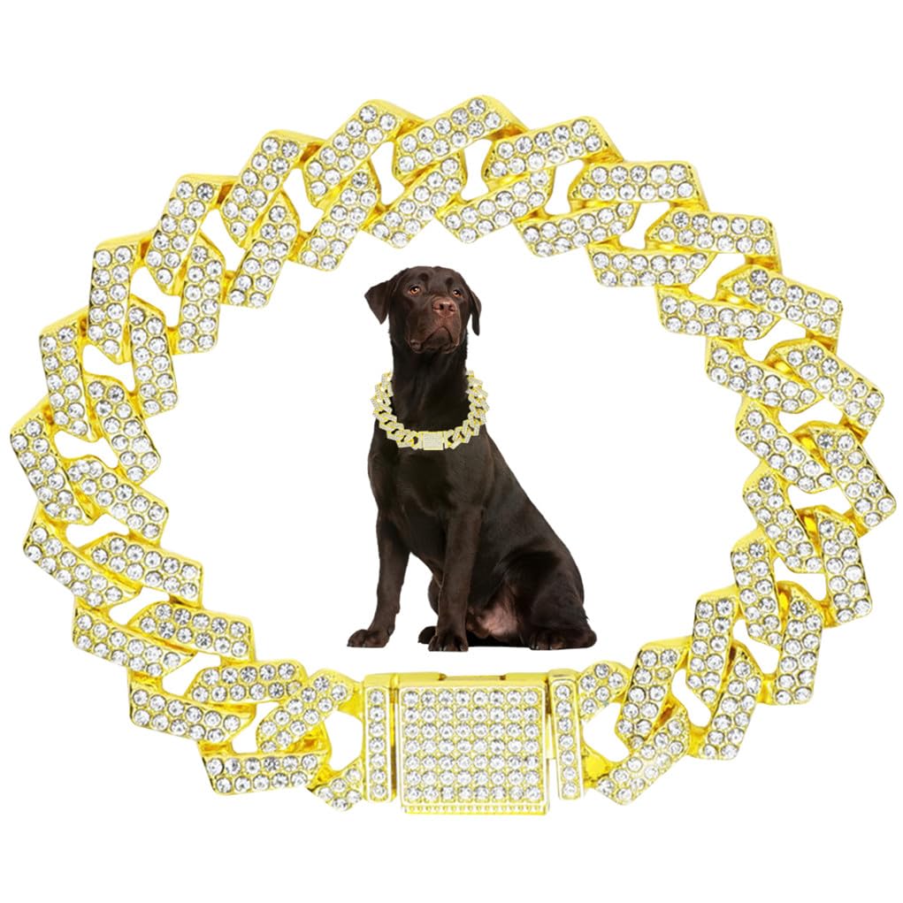 JPOJPO gold Cuban link dog collar close-up with crystal accents for timeless pet style.