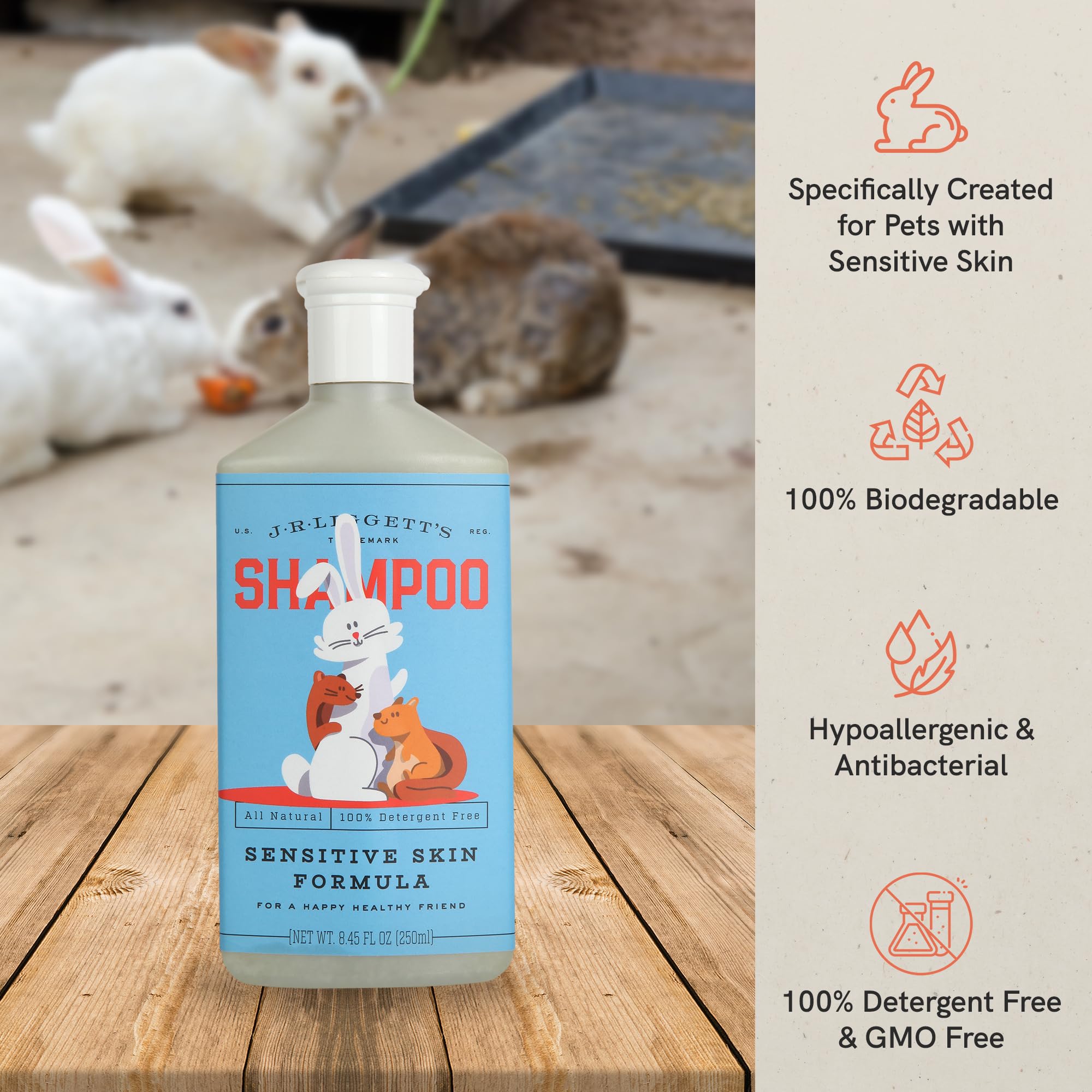 J·R·Liggett's plant-based, non-GMO bottle emphasizes clean ingredients for pets.