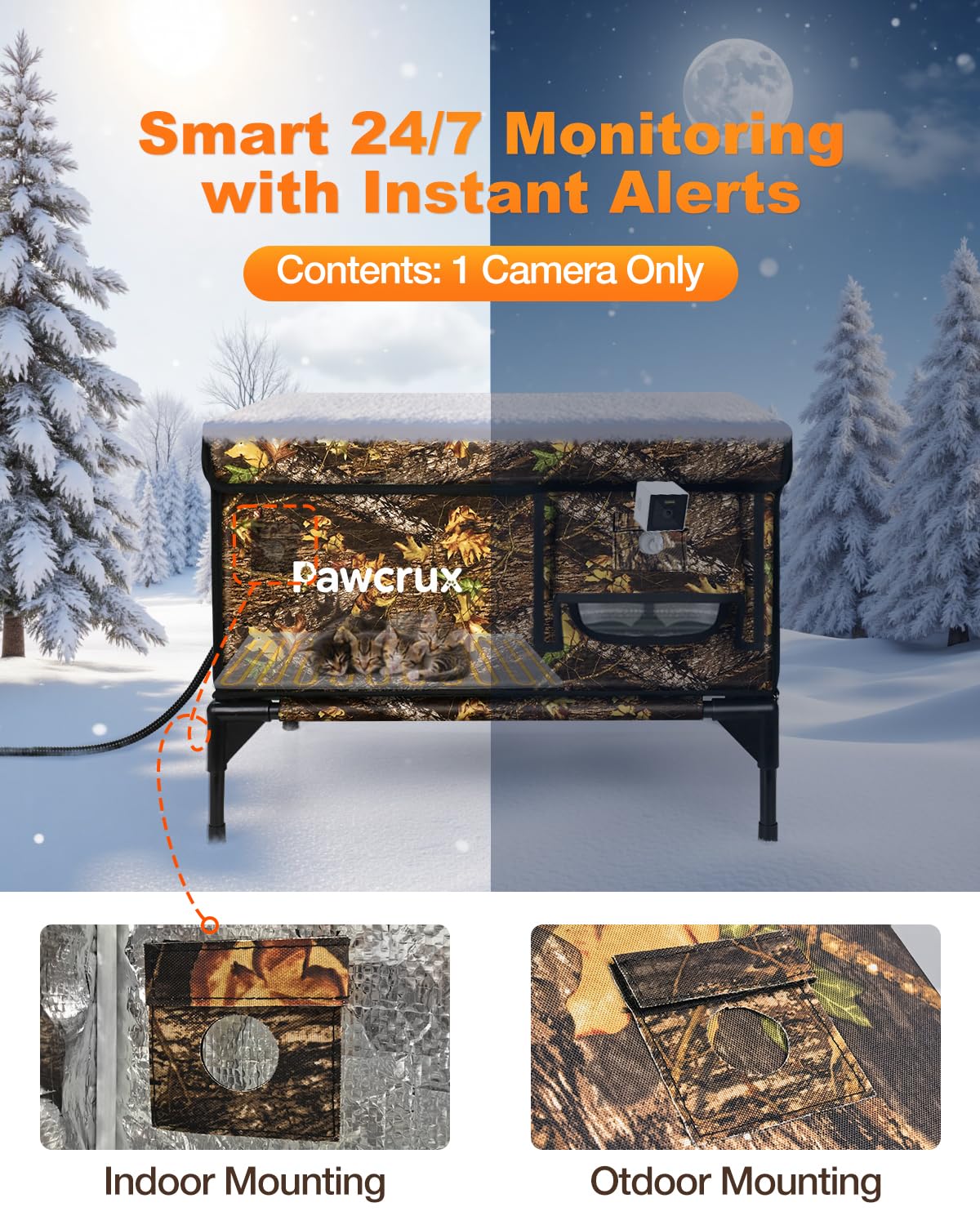 JLSAME heated cat house interior shows warming pad setup for cozy outdoor naps.