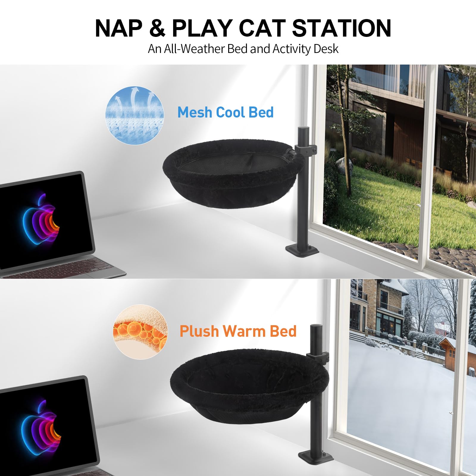 JSLIN Cat Desk Bed dual-climate comfort with mesh and faux fur for year-round coziness