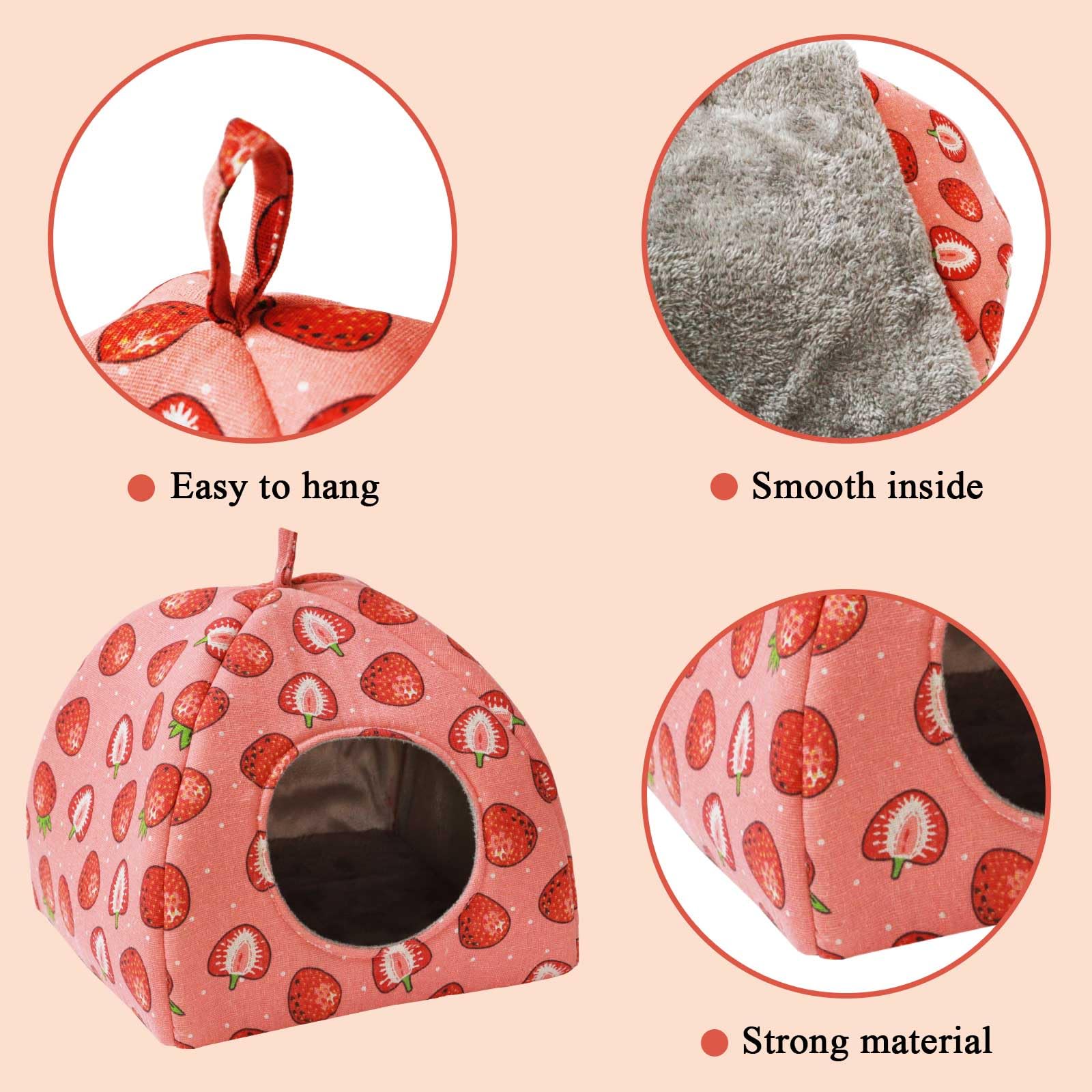 JSPYFITS Strawberry-print tent close-up highlights vibrant, pet-friendly fabric.
