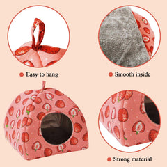 JSPYFITS Strawberry-print tent close-up highlights vibrant, pet-friendly fabric.