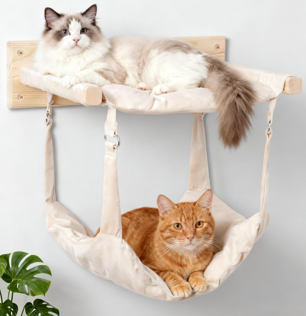 JSPYFITS wooden cat wall hammock main view shows sturdy pine frame and cozy fabric.