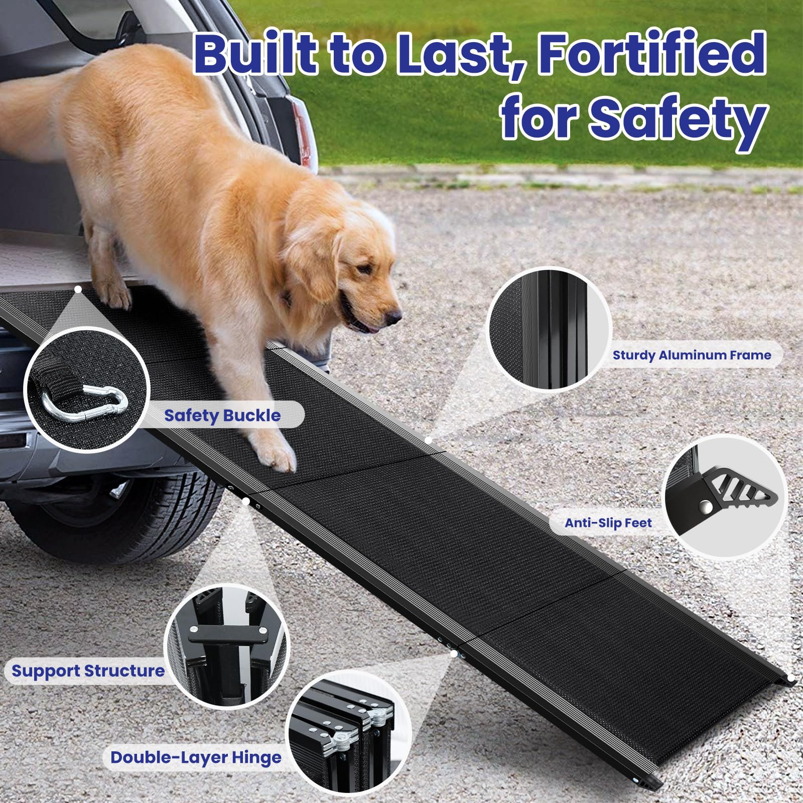 JTSIOV dog ramp aluminum construction supports up to 200 lbs for durability