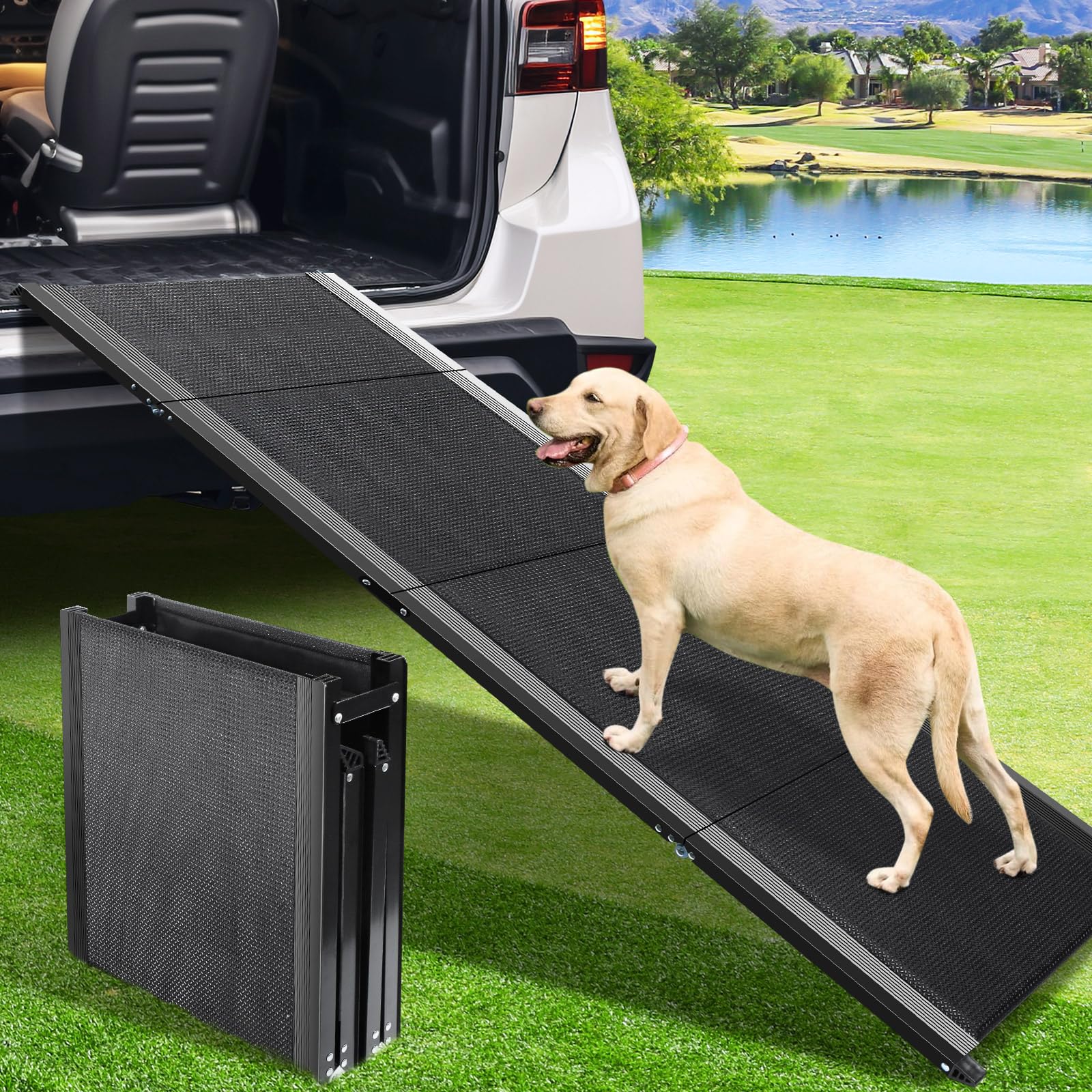 JTSIOV dog ramp extended 67in showing long incline for easy pet access