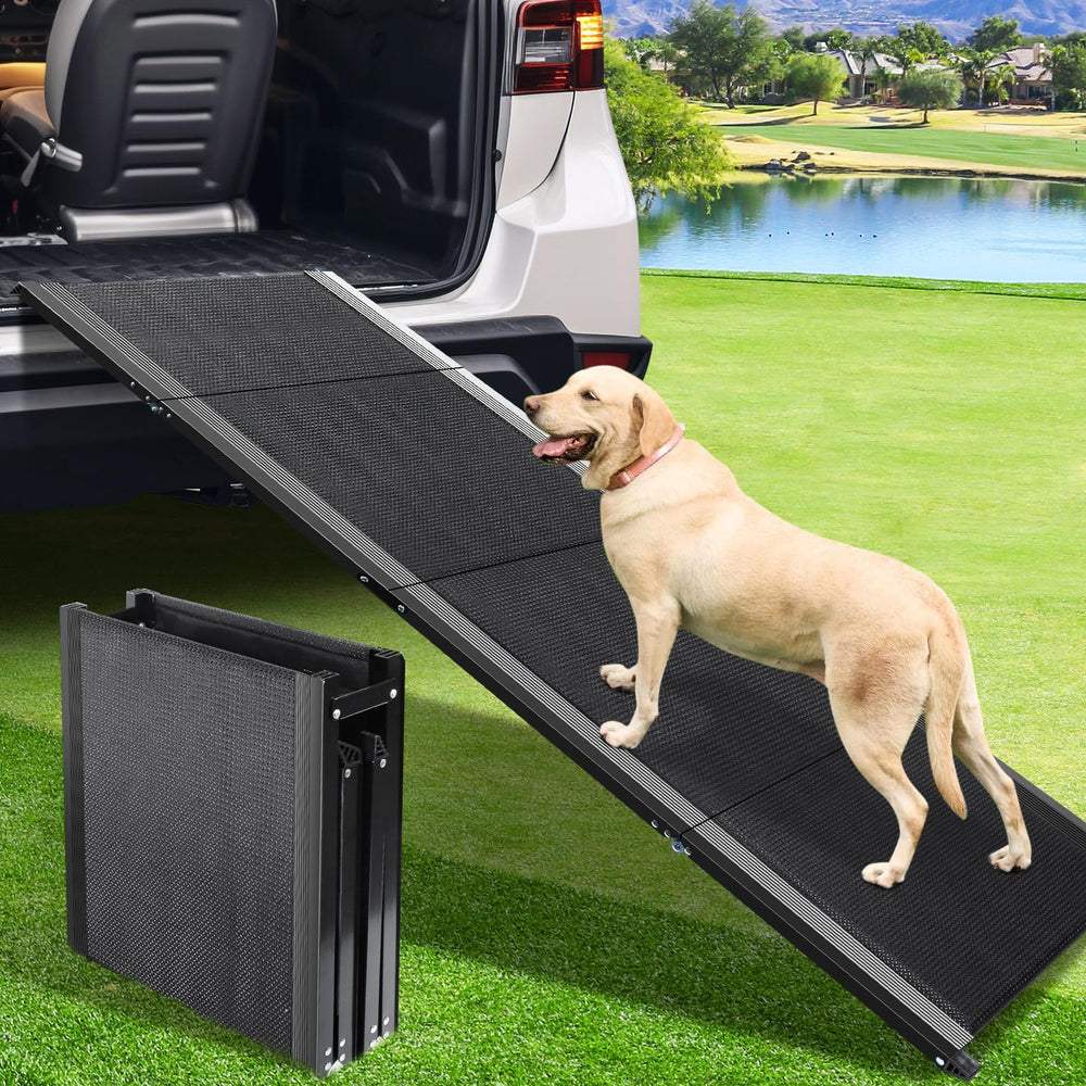 JTSIOV dog ramp extended 67in showing long incline for easy pet access