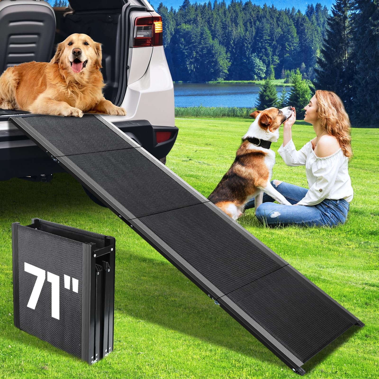 JTSIOV dog ramp extended 71-inch length provides gentle incline for easier vehicle entry