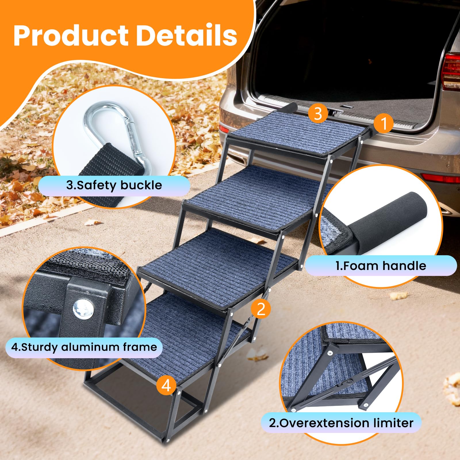 JTSIOV folded compact dog stairs tucked into a car trunk