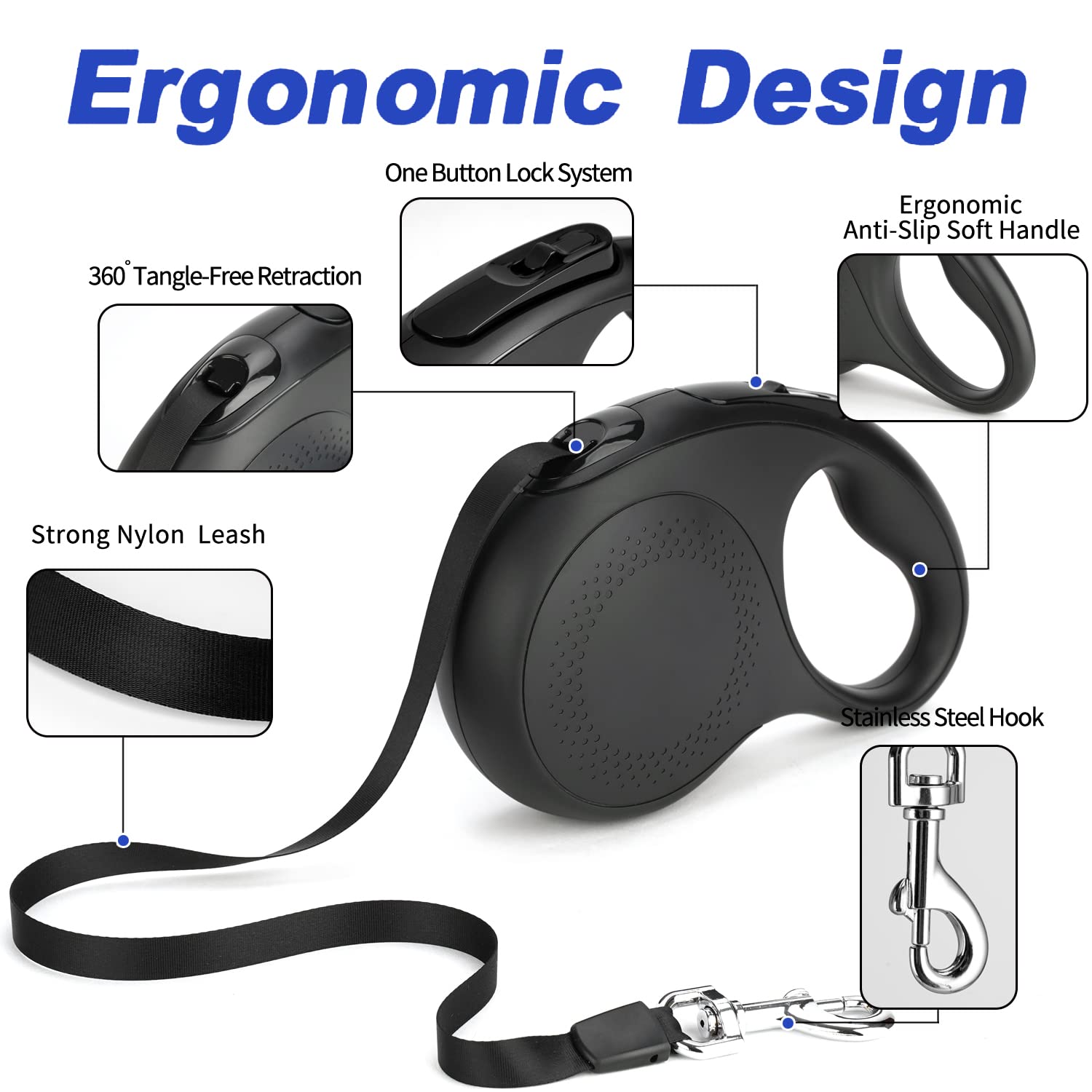 JUBDUG retractable leash supports dogs up to 110lbs for versatile use
