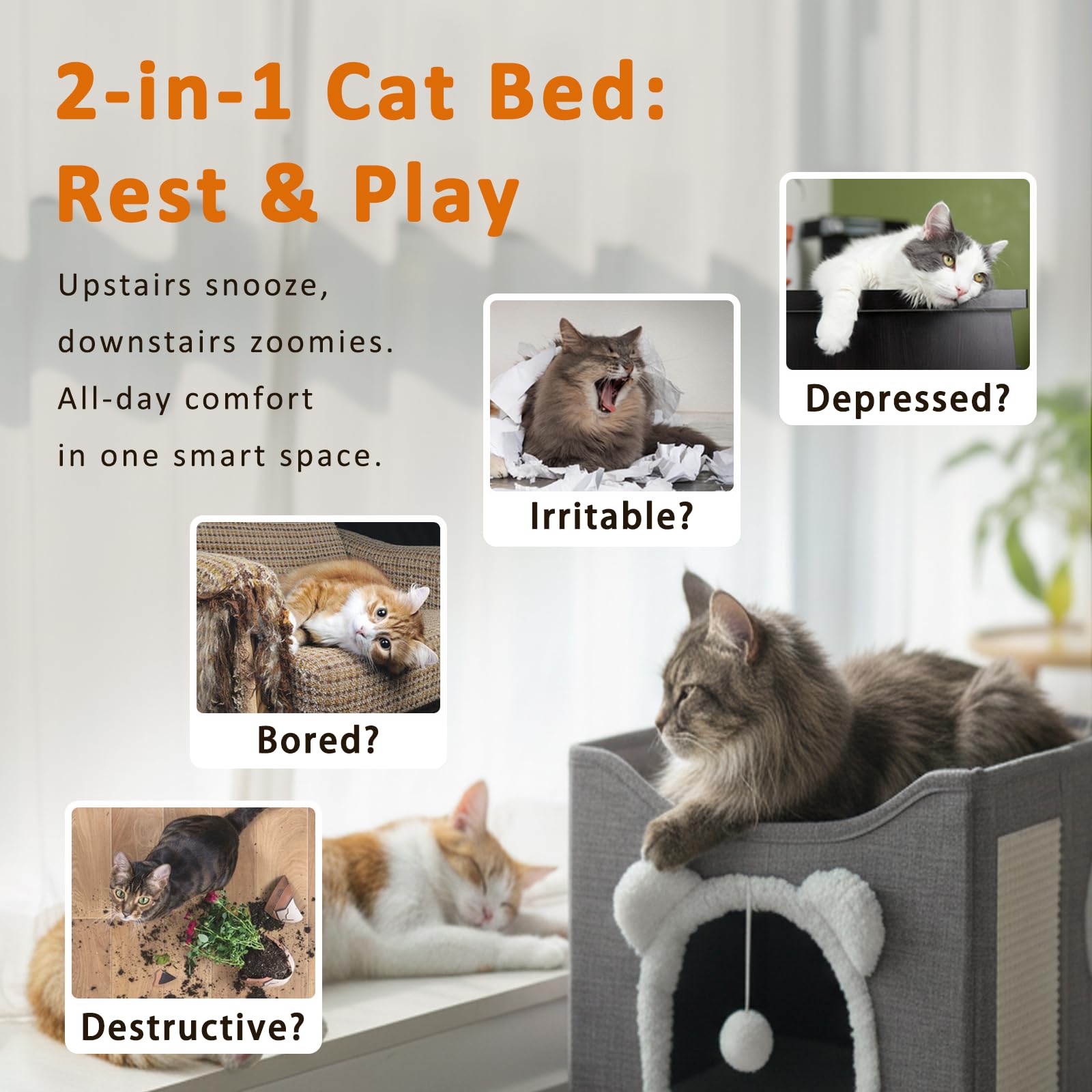 JUDERWOO cat house dangling ball promotes active play and exercise.