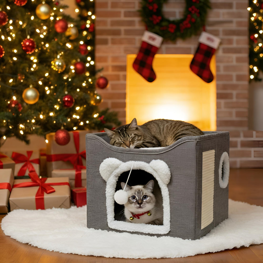 JUDERWOO cat house lambswool cushion delivers cozy naps and all-season comfort.