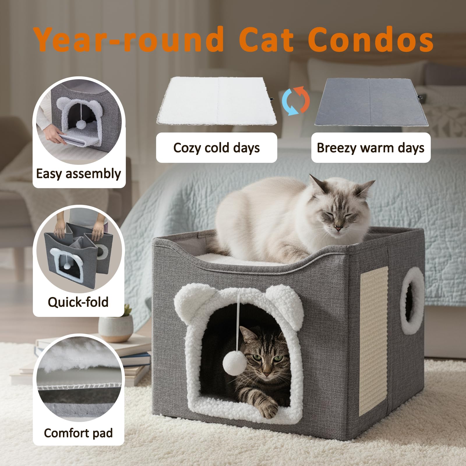 JUDERWOO cat house with sisal scratching board supports claws and play.