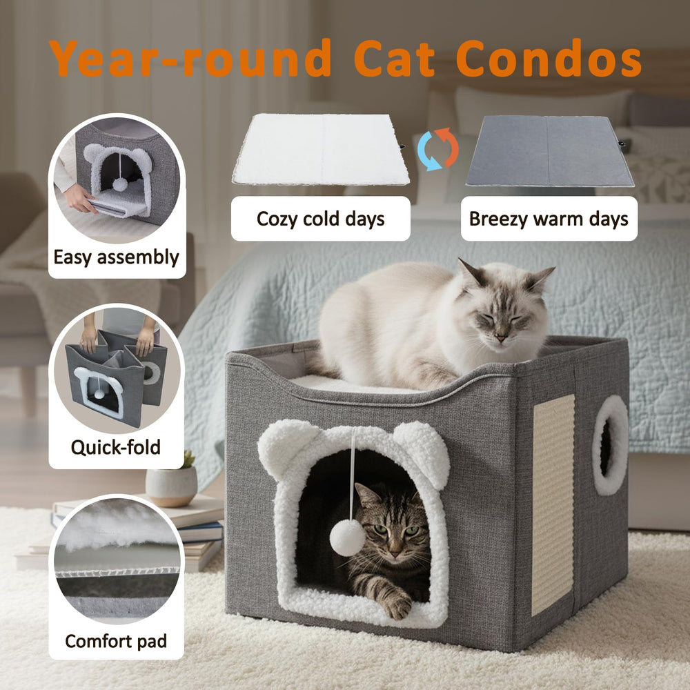 JUDERWOO cat house with sisal scratching board supports claws and play.