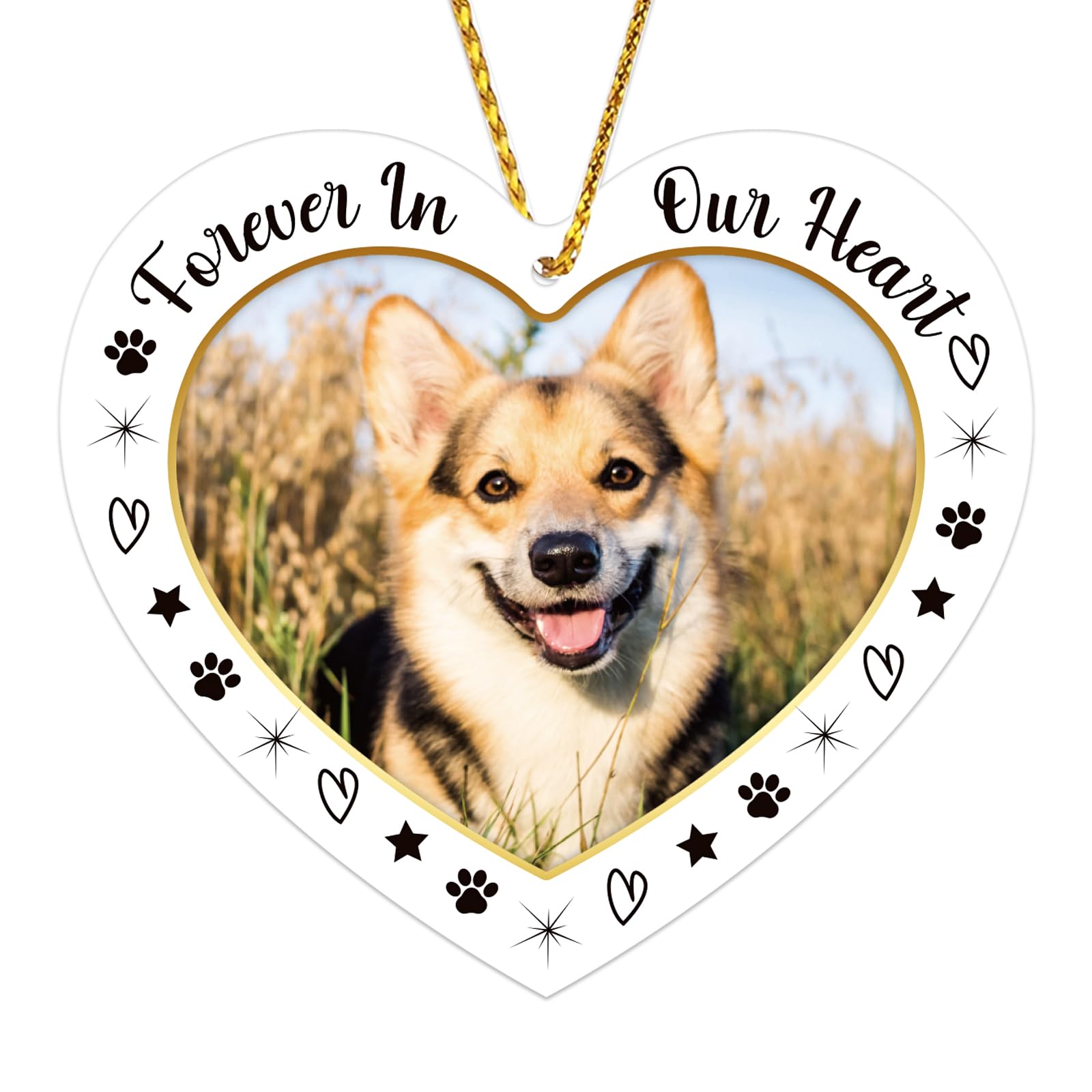 JUESMOS dog memorial ornament front view with paw prints for remembrance.