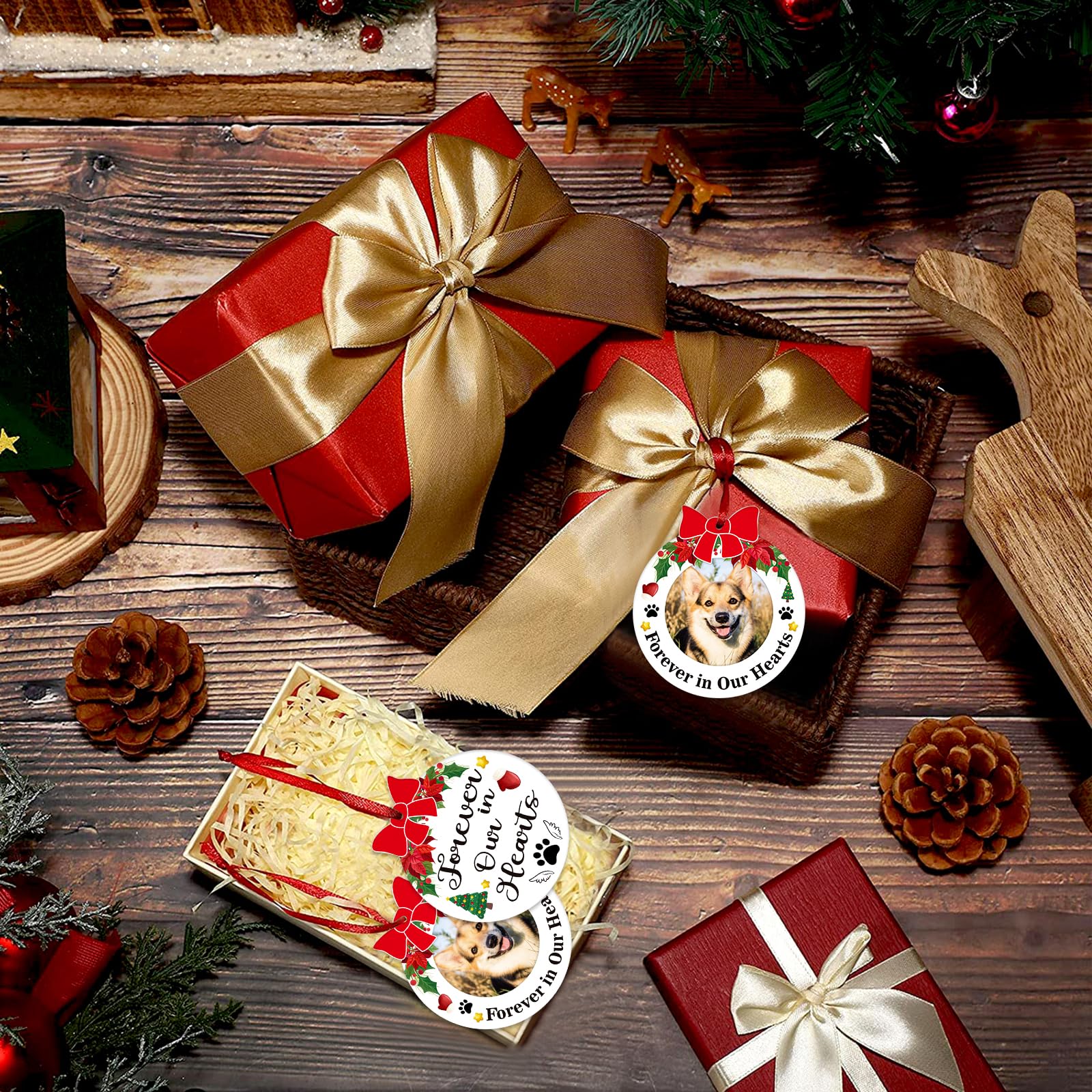 JUESMOS dog memorial ornament includes a gold hanging string for easy Christmas tree display.