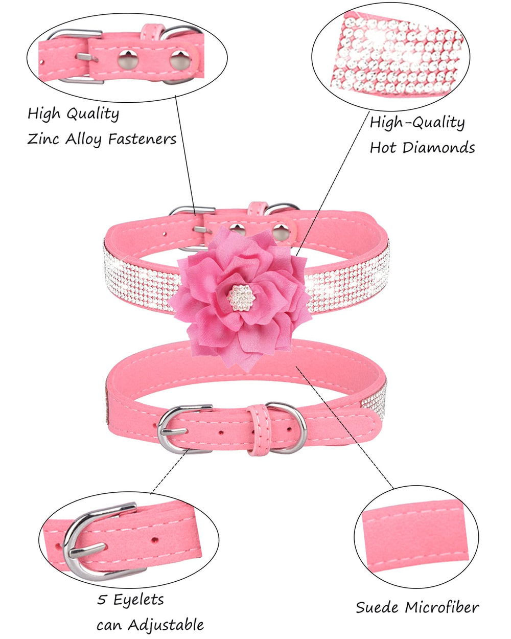 JUFOO Rhinestone Dog Collar pink flower-detail highlights sparkly charm for photos and events.