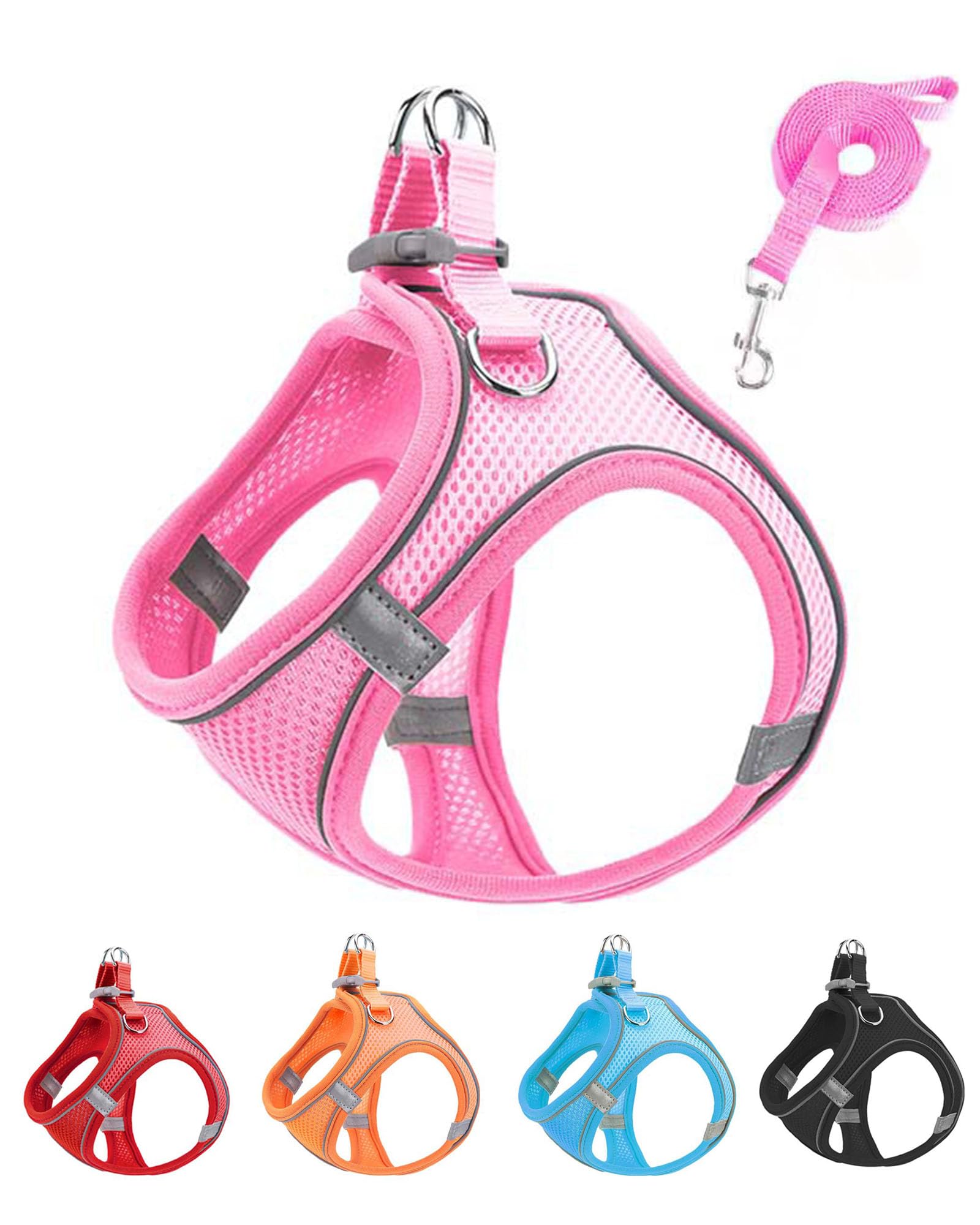 JUFOO XXS Pink Soft Mesh Harness front view showing escape-proof fit for small dogs