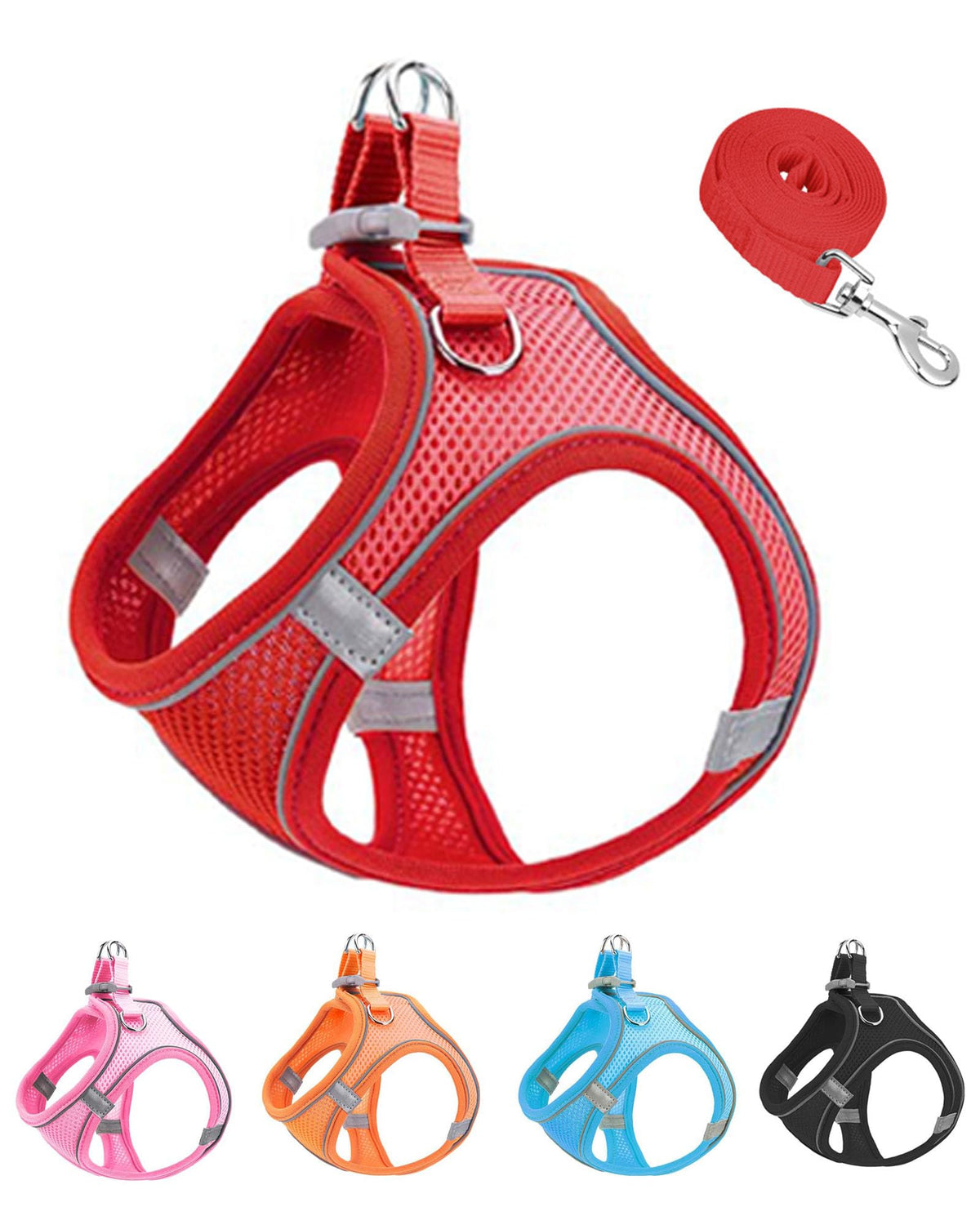 JUFOO XXXS red soft-mesh harness shown on a small dog for comfortable daily walks.