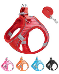 JUFOO XXXS red soft-mesh harness shown on a small dog for comfortable daily walks.