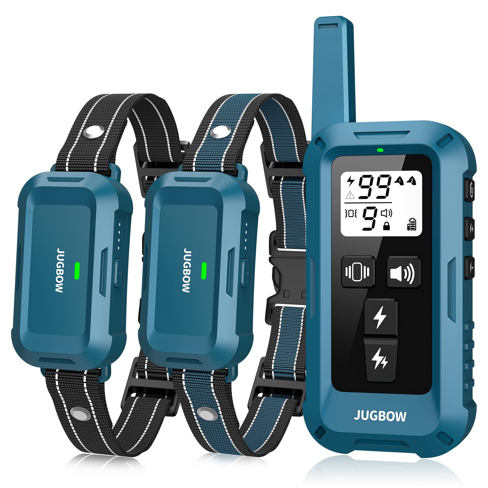 Jugbow 2 Dogs Training Collar remote controls two dogs during training sessions.