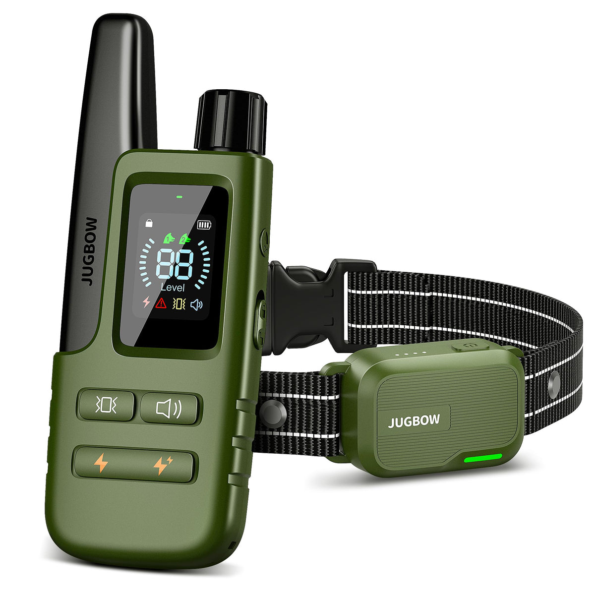 Jugbow 4200FT collar on dog enabling long-range training outdoors.