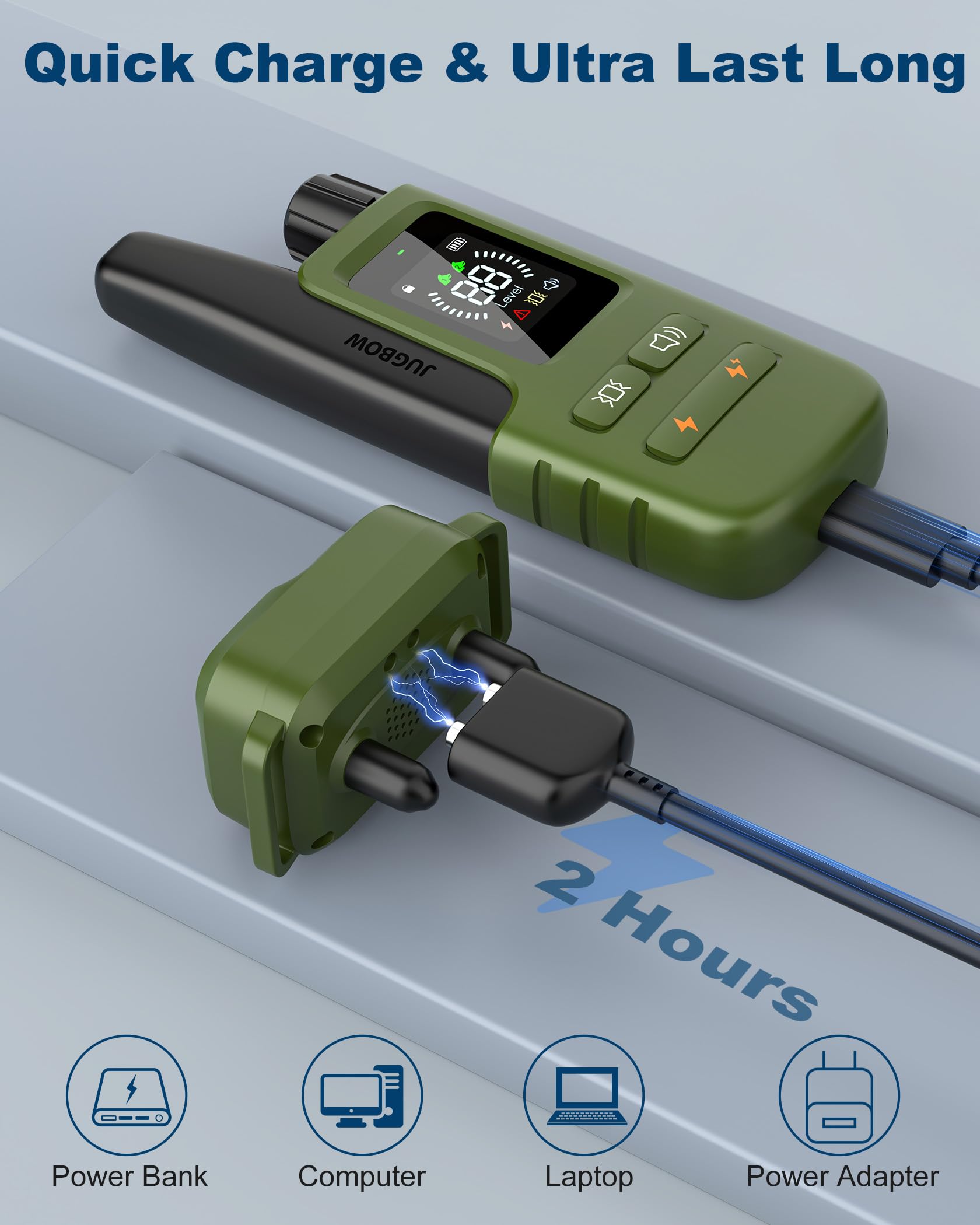 Jugbow battery life graphic highlights long standby and quick USB charging for extended sessions.
