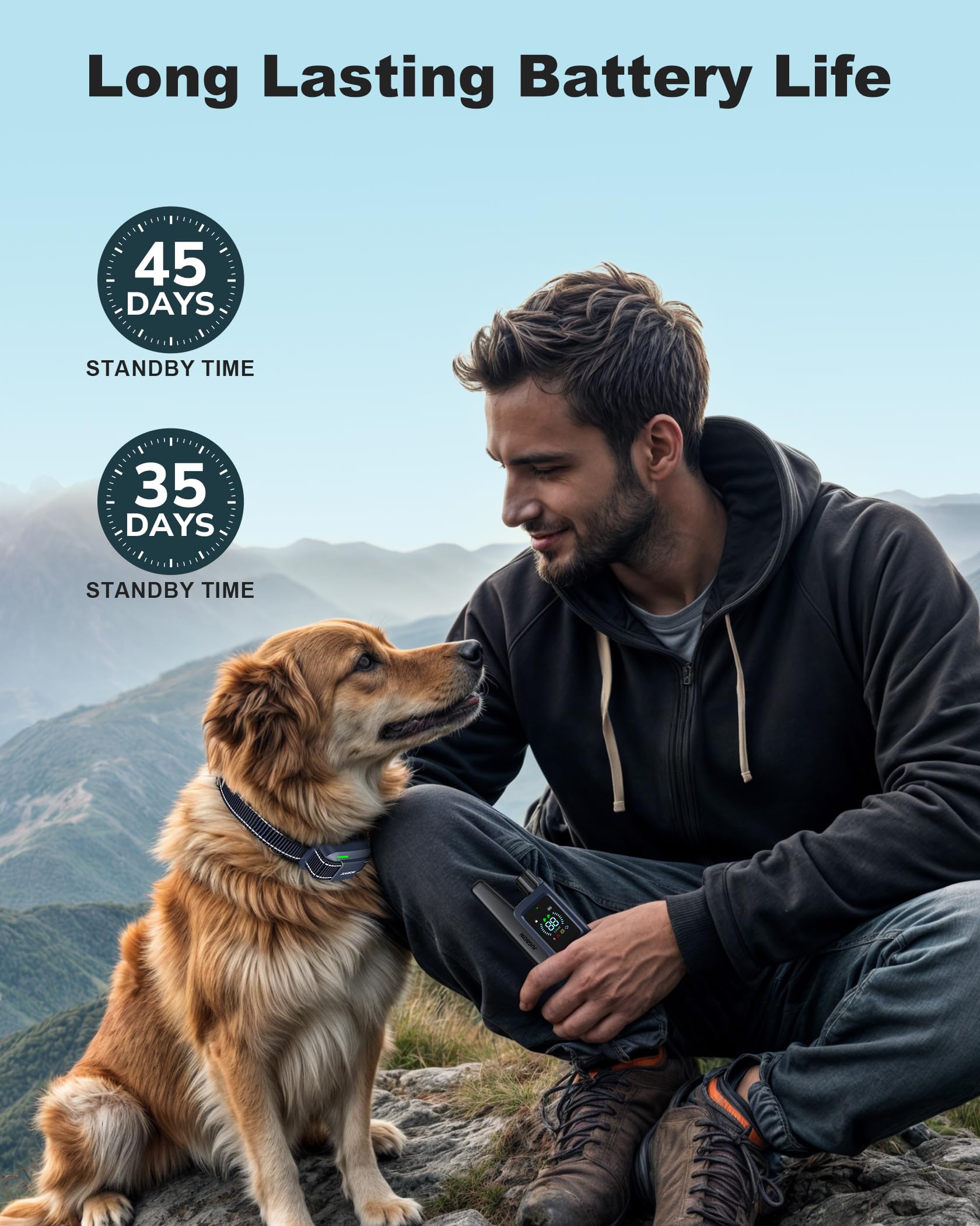 Jugbow collar battery-life standby emphasizes long-lasting power for uninterrupted training.