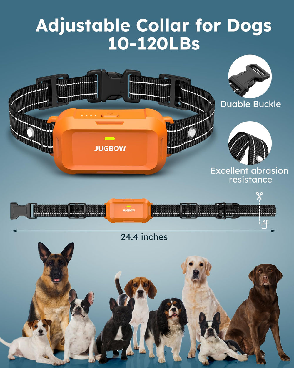 Jugbow dog collar long battery life reduces mid-training recharge interruptions.