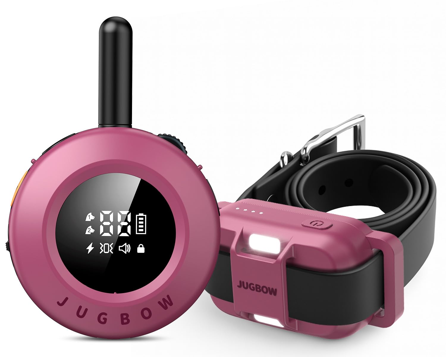 Jugbow dog collar packaging highlights easy setup and included training accessories.