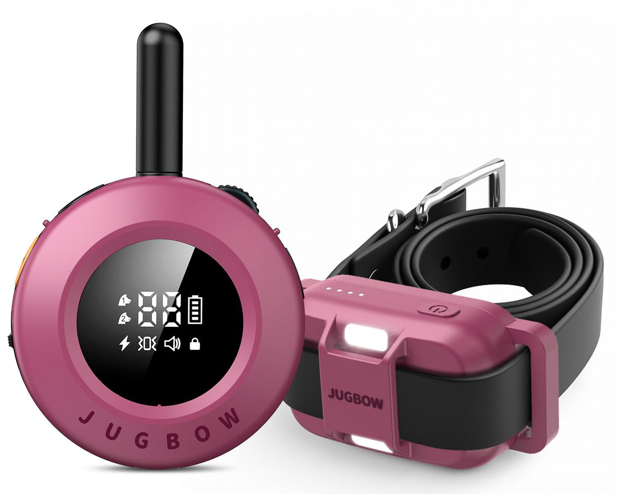 Jugbow dog collar packaging highlights easy setup and included training accessories.