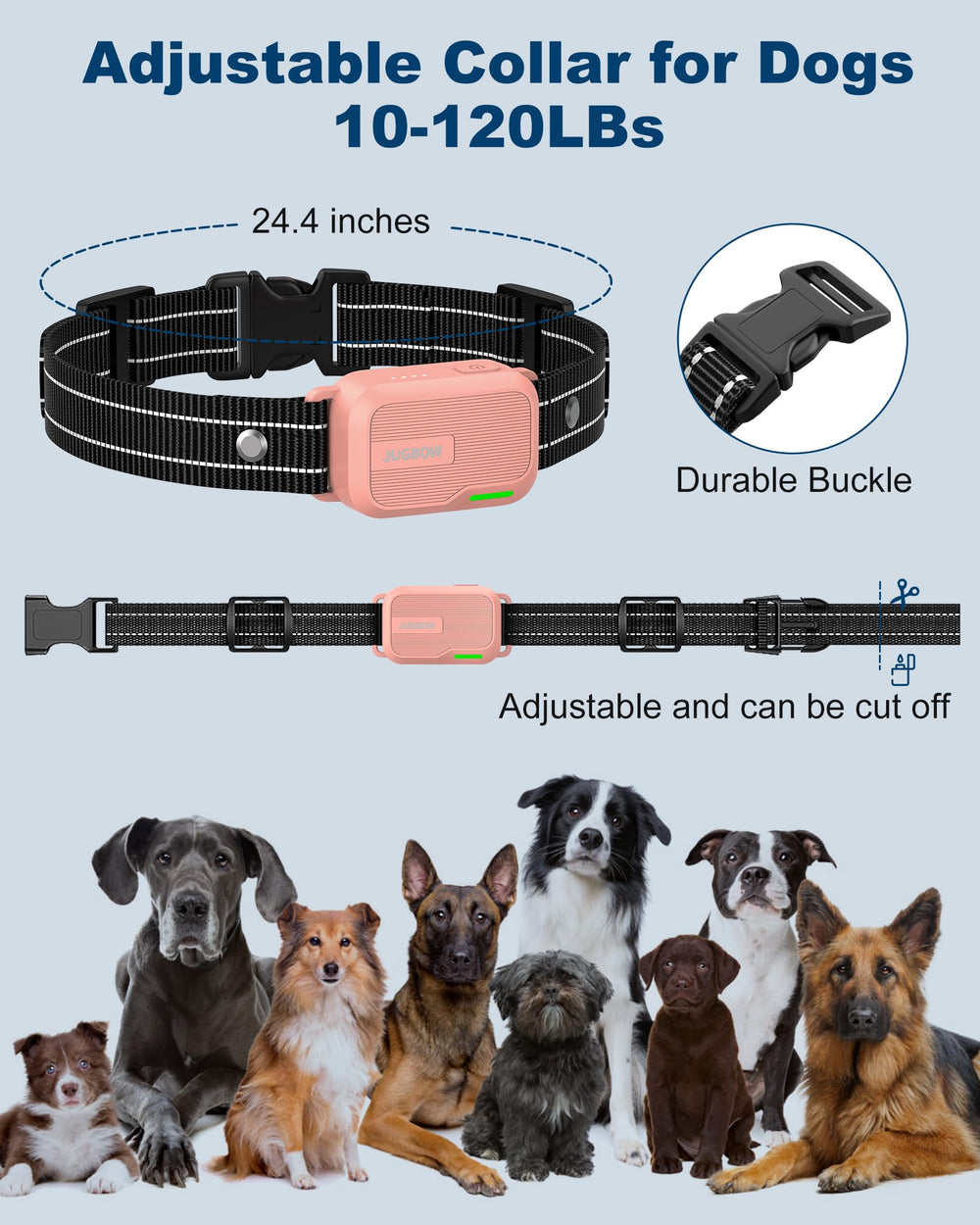 Jugbow adjustable collar fits small to large dogs for comfortable daily wear.