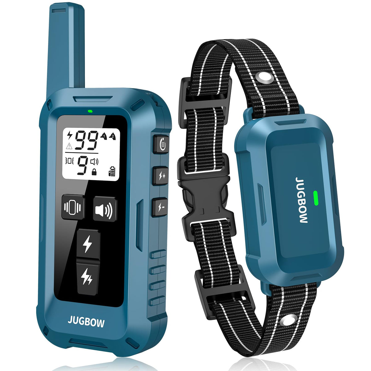 Jugbow dog shock collar full package shows collar and remote for complete training setup.