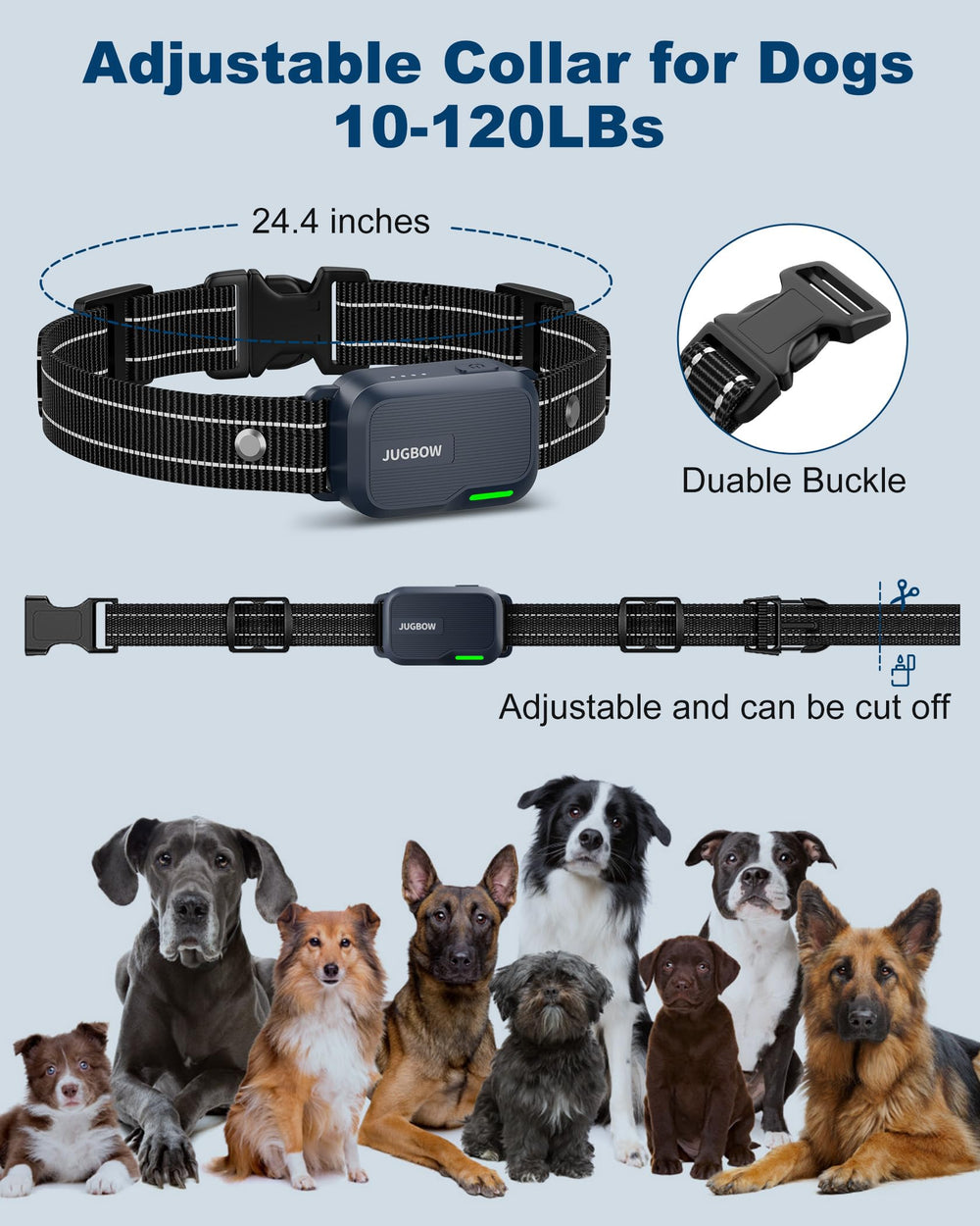 Jugbow adjustable collar fits 7.8-24.4 inch necks for many breeds.