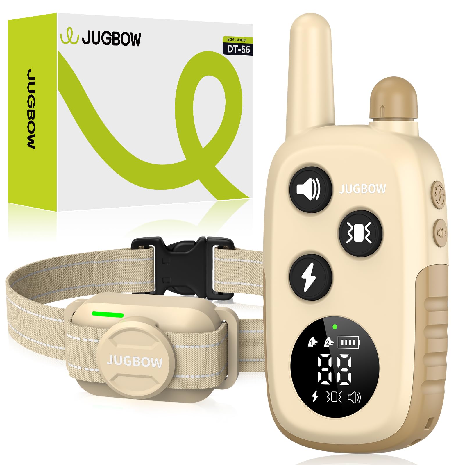 Jugbow two-channel remote with memory preserves settings across dogs.