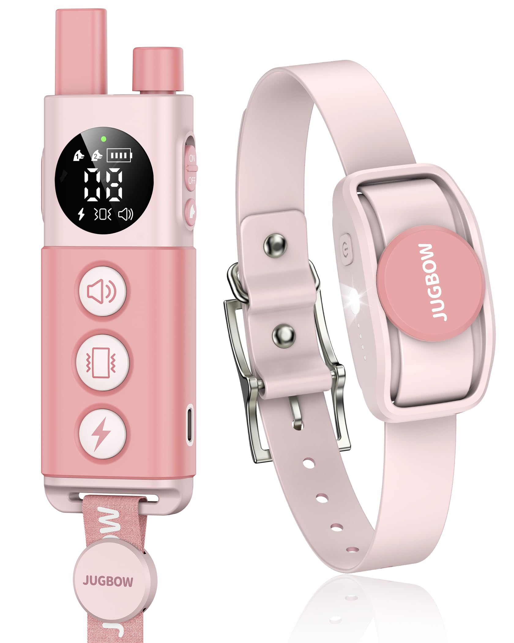 Jugbow Shock Collar pink remote control for gentle, on-demand training during walks.
