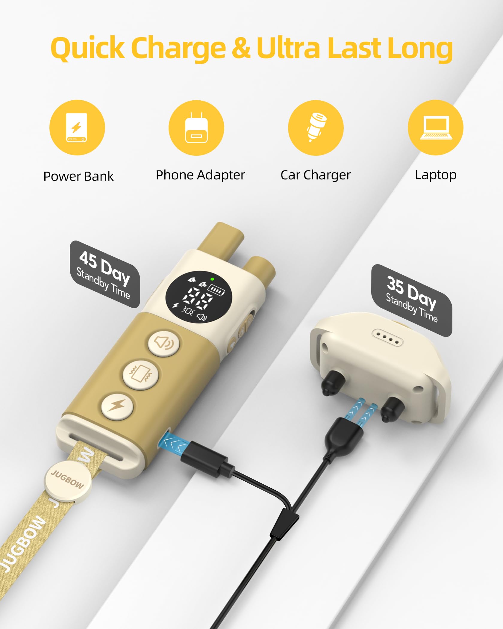 Jugbow training modes close-up shows Beep, Vibration, and Safe Shock options.
