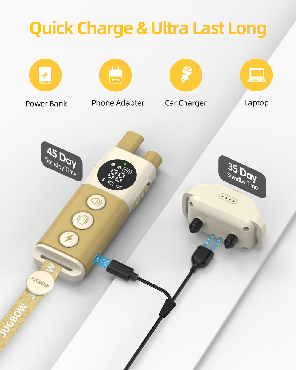Jugbow training modes close-up shows Beep, Vibration, and Safe Shock options.