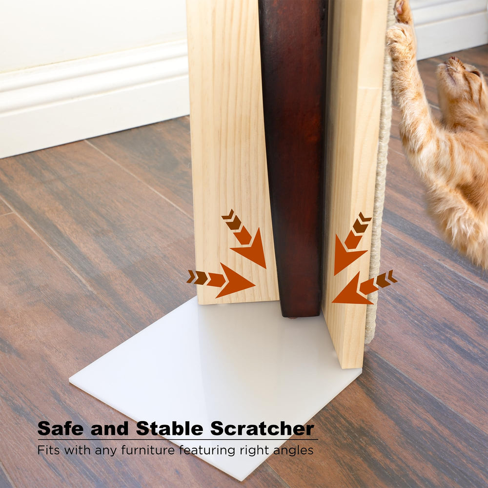 Jugglenaut couch corner scratching post stylish decor in living room; discreet cat toy you can’t easily spot.