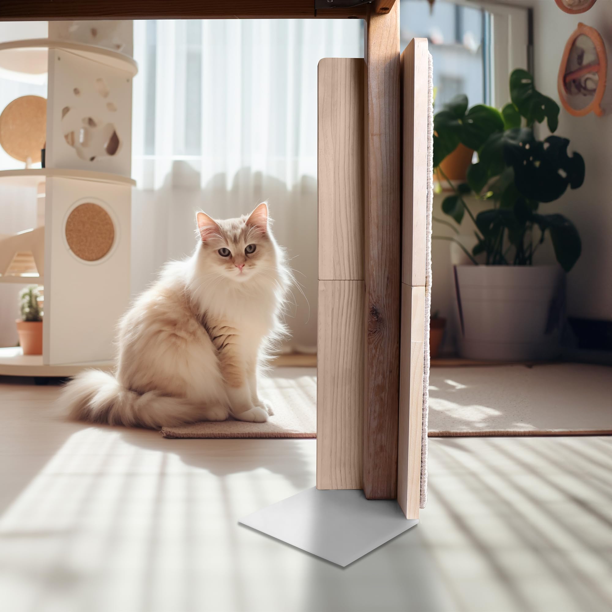 Jugglenaut couch corner scratching post dual-sided sticky pads; enhances stability as cats scratch.
