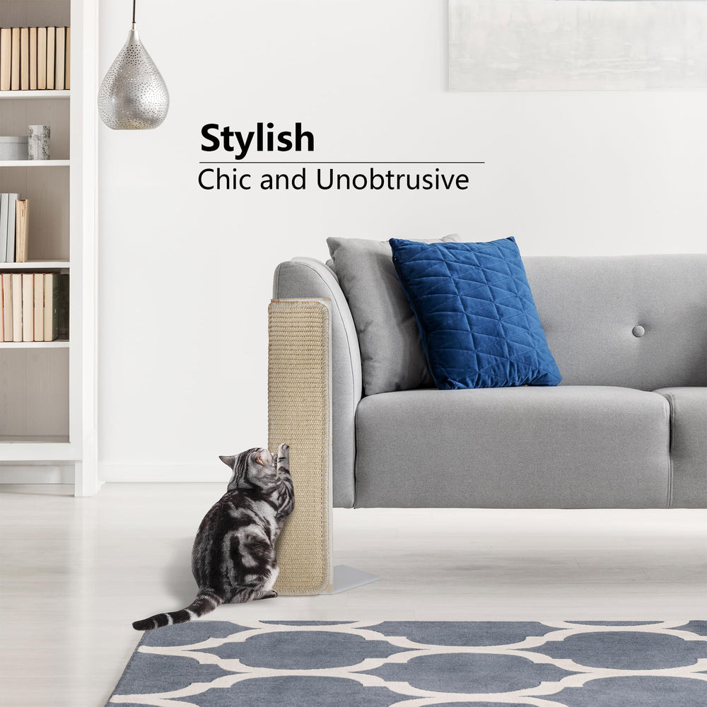 Jugglenaut couch corner scratching post with carpet pad; comfortable claws-friendly surface for daily scratching.