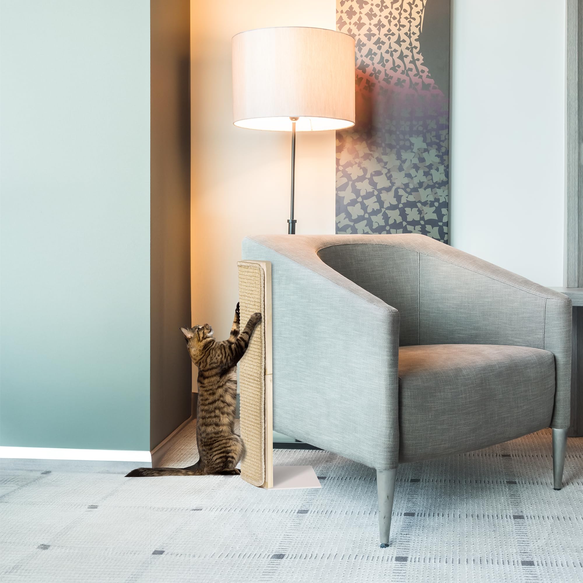 Jugglenaut couch corner scratching post assembly steps; quick setup for immediate feline fun.