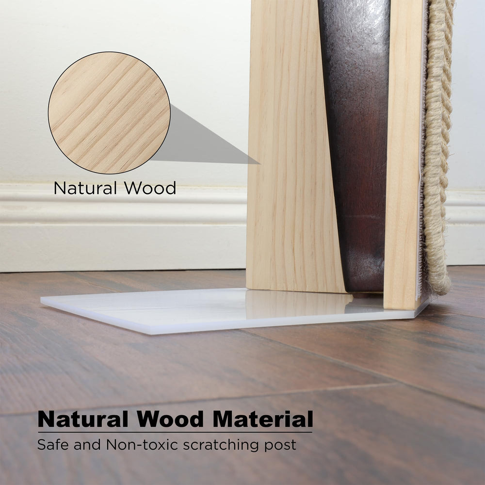 Jugglenaut couch corner scratching post base under-leg attachment; secures post to furniture, shielding surfaces.