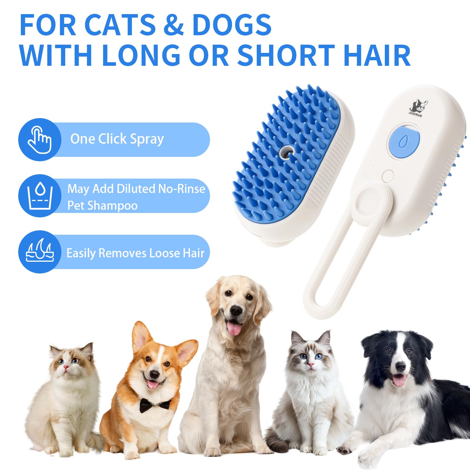 JUGIRUN Cat Steam Brush blue color adds a pleasing grooming aesthetic.