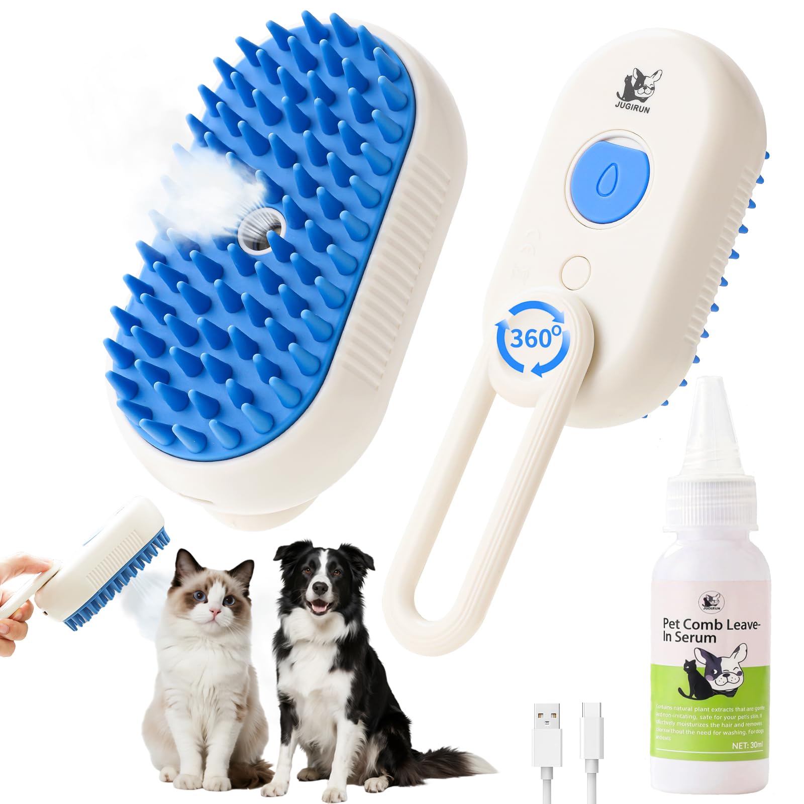JUGIRUN Cat Steam Brush shows an ergonomic handle for comfortable grooming sessions.